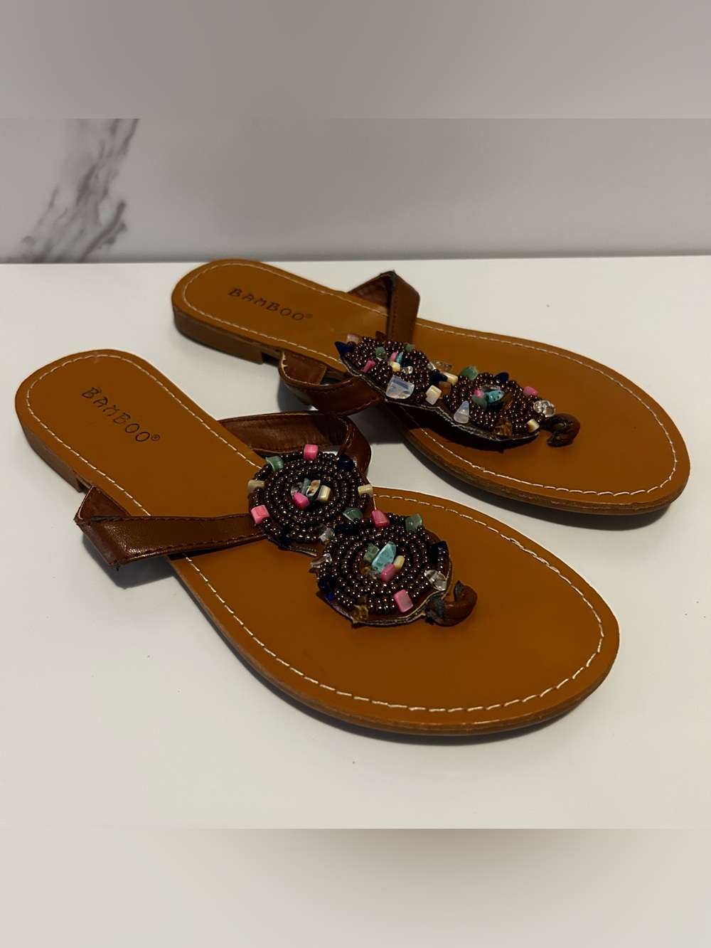 BAMBOO Brown Beaded Thong Sandals with Multicolor Accents